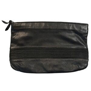 Vintage Contessa Black Genuine Leather Zippered Clutch Bag Made in Hong Kong